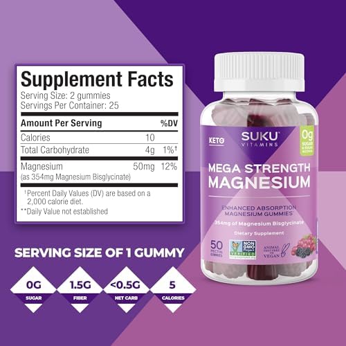 SUKU Vitamins - Magnesio Mega Fuerza - 177 mg de Gomas de Bisglicinato de Magnesio para Función Muscular - Sabor Uva y Mora (50 piezas) - imagen 7
