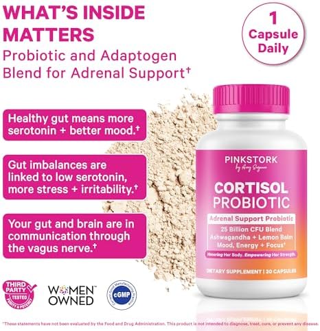 Suplemento Pink Stork Cortisol Probiotic para Mujeres – Apoyo para el Ánimo y las Glándulas Suprarrenales – Ashwagandha, Melisa, Manzanilla, 25 Mil - imagen 2