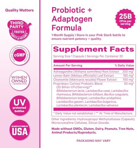Suplemento Pink Stork Cortisol Probiotic para Mujeres – Apoyo para el Ánimo y las Glándulas Suprarrenales – Ashwagandha, Melisa, Manzanilla, 25 Mil - imagen 6