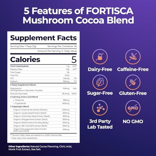 Cocoa en Polvo de Champiñón con Magnesio, L-Teanina, Reishi y Ashwagandha, Suplemento para Dormir y Relajación, 7.41oz - imagen 2