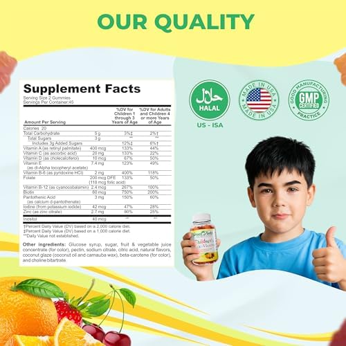 Multivitamínico Halal para Niños Greenfield Nutrition – Gomas Gelatinosas Sin Gelatina con Vitaminas A, B, C, D, Yodo y Zinc para la Inmunidad (90 - imagen 4