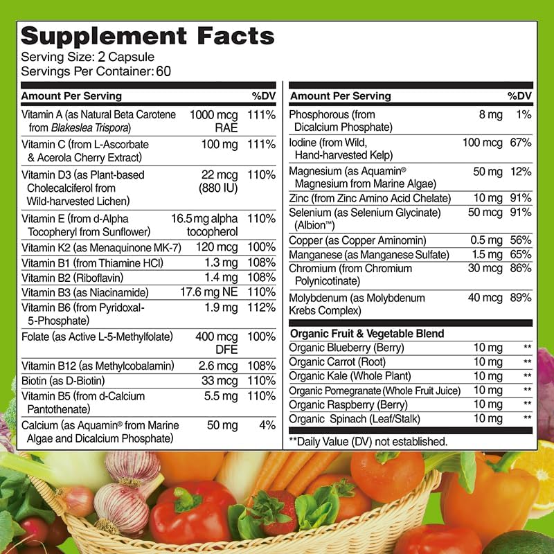 Multivitaminas y Minerales Naturales + Complejo B + Calcio + Magnesio + Zinc, Suplemento Vegano de Alimentos Integrales, 120 Cápsulas Blandas, 2 - imagen 3