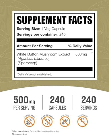 Cápsulas de Champiñón Blanco BulkSupplements.com - Suplemento de Agaricus, Extracto Vegano, 240 Cápsulas (Paquete de 1) - imagen 2
