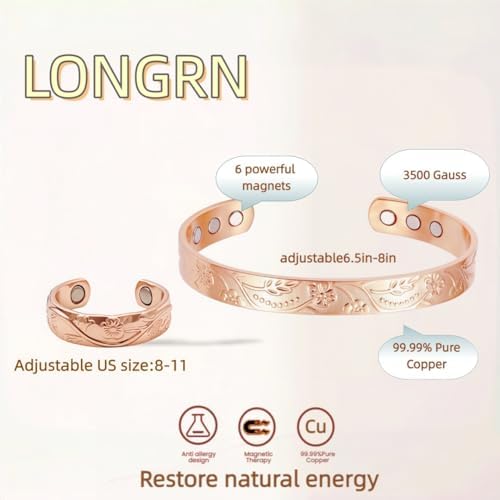 Pulsera y anillo magnéticos de cobre puro LONGRN ajustables para mujer - imagen 3
