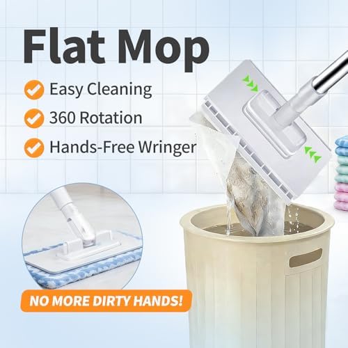 Mopa plana manos libres con cambio de trapo, agarre automático, set sin contacto, portátil y autolavable, incluye 5 trapos reutilizables - imagen 2