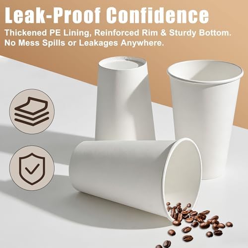 Zcaukya 200 Piezas de Vasos de Papel Blancos de 16 oz, Vasos Desechables Resistentes a Fugas para Bebidas Calientes y Frías, Ideales para Café, Té y - imagen 3