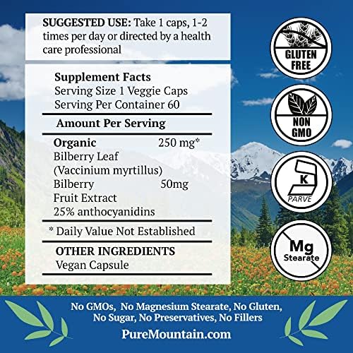 Suplemento de Extracto de Arándano Silvestre Pure Mountain Botanicals - 60 Cápsulas Veganas Kosher - 250mg de Hoja de Arándano Orgánico y 50mg de - imagen 2