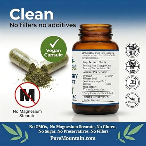 Suplemento de Extracto de Arándano Silvestre Pure Mountain Botanicals - 60 Cápsulas Veganas Kosher - 250mg de Hoja de Arándano Orgánico y 50mg de - imagen 4