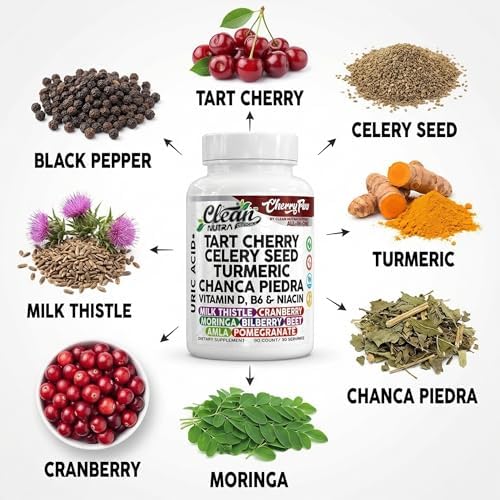 Cápsulas de Cereza Tart Cherry de Clean Nutra para Apoyo al Ácido Úrico, con Semilla de Apio, Cúrcuma, Chanca Piedra, Vitamina D, B6, Niacina, Cardo - imagen 4