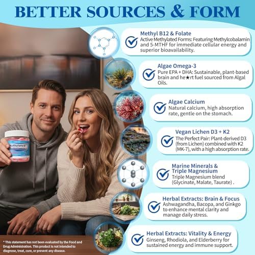 Gomitas Multivitamínicas Metiladas para Hombres y Mujeres con Omega-3, D3 K2, Calcio, Metilfolato y B12, Soporte Diario Vegano - imagen 7