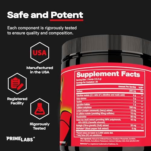 Labs Polvo Pre Entreno para Hombres - con Citrulina Malato, Beta-Alanina y Cafeína Natural - Energía, Enfoque, Potencia - Sabor Limón Azul - 30 - imagen 6