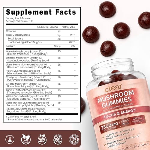 Gomitas de Hongo para Enfoque y Energía - 2500mg, 60 Gomitas de Melena de León para Adultos con Cola de Pavo, Reishi, Cordyceps y 6 más - Suplemento - imagen 5