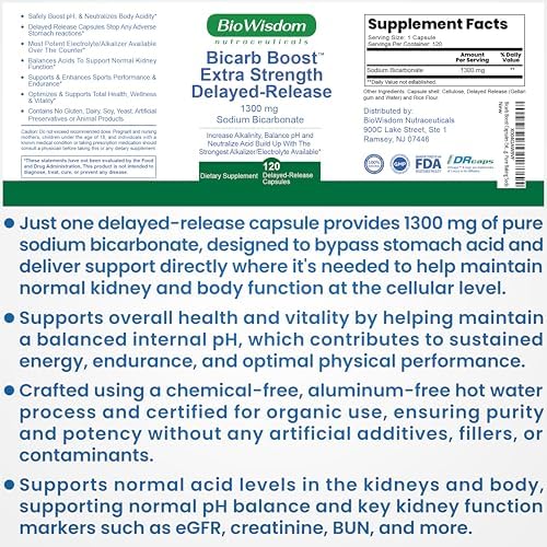 Cápsulas de Bicarbonato de Sodio Bicarb Boost Extra Fuerte 1300mg Orgánico, Tabletas de Liberación Retardada para Riñones, 120 píldoras - imagen 2