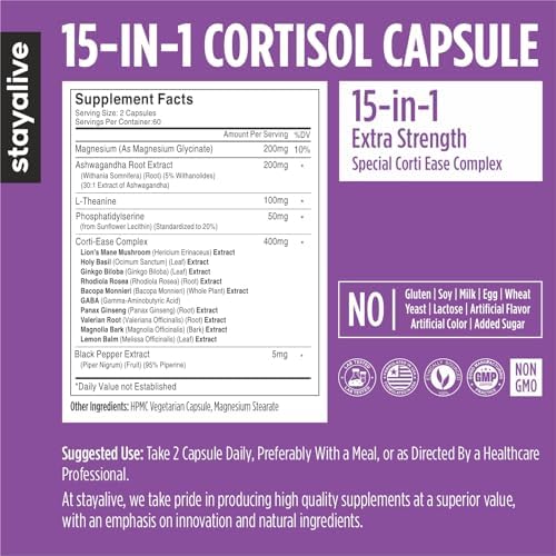 Suplemento STAY ALIVE para Manejo de Cortisol 15 en 1 con L-Theanina, Ashwagandha, Magnesio Glicinato y más, 120 Cápsulas Veganas, Sin OGM y Sin - imagen 3