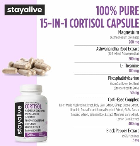 Suplemento STAY ALIVE para Manejo de Cortisol 15 en 1 con L-Theanina, Ashwagandha, Magnesio Glicinato y más, 120 Cápsulas Veganas, Sin OGM y Sin - imagen 4