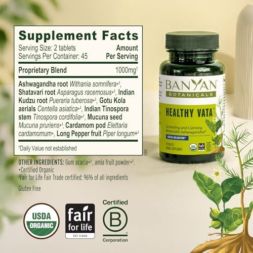 Banyan Botanicals Suplemento Orgánico Vata Saludable – Estabilidad y Enraizamiento con Ashwagandha, Shatavari y Mucuna – 90 Tabletas Orgánicas para - imagen 5