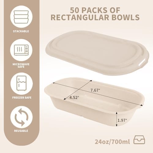 Contenedores desechables Wonmain de 50 piezas (24 oz) con tapa, aptos para microondas y congelador, compostables, ideales para ensaladas y bento. - imagen 2