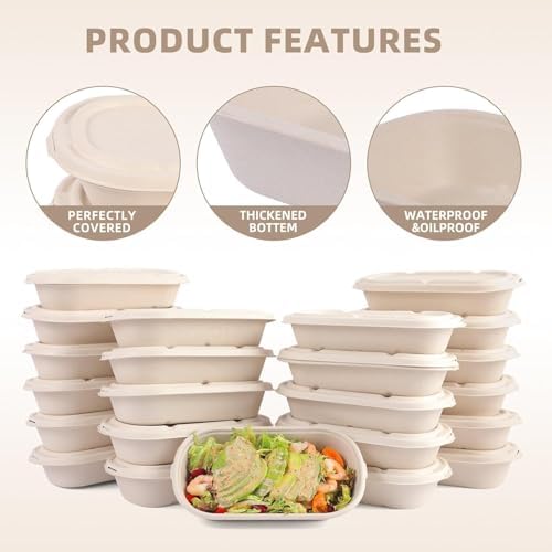 Contenedores desechables Wonmain de 50 piezas (24 oz) con tapa, aptos para microondas y congelador, compostables, ideales para ensaladas y bento. - imagen 5