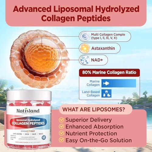 Gomitas de Colágeno Liposomal NATISLAND, Sin Azúcar, 2500 mg, con Biotina, Astaxantina, Resveratrol, Vitamina C y Zinc, 60 piezas, Apoyo para Piel, - imagen 3