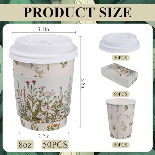 AimFun 50 Piezas de Vasos Desechables de Café Florales con Tapa y Mangas, Botánicos Vintage de 8oz para Fiestas, Bodas y Baby Shower - imagen 2