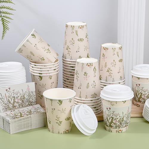 AimFun 50 Piezas de Vasos Desechables de Café Florales con Tapa y Mangas, Botánicos Vintage de 8oz para Fiestas, Bodas y Baby Shower - imagen 3