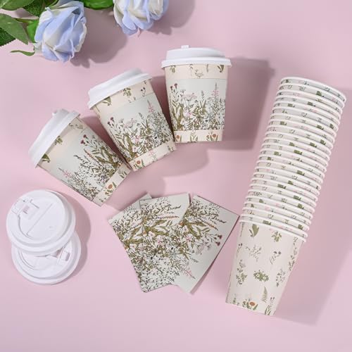 AimFun 50 Piezas de Vasos Desechables de Café Florales con Tapa y Mangas, Botánicos Vintage de 8oz para Fiestas, Bodas y Baby Shower - imagen 4