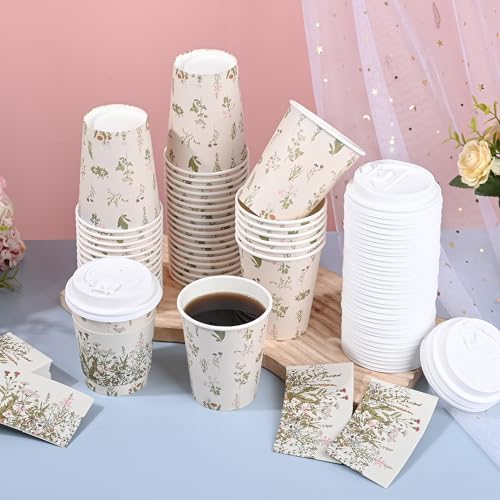 AimFun 50 Piezas de Vasos Desechables de Café Florales con Tapa y Mangas, Botánicos Vintage de 8oz para Fiestas, Bodas y Baby Shower - imagen 5