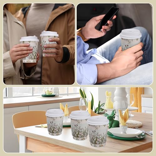 AimFun 50 Piezas de Vasos Desechables de Café Florales con Tapa y Mangas, Botánicos Vintage de 8oz para Fiestas, Bodas y Baby Shower - imagen 6