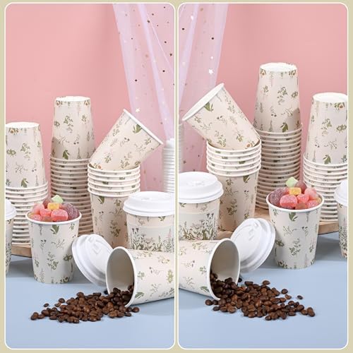 AimFun 50 Piezas de Vasos Desechables de Café Florales con Tapa y Mangas, Botánicos Vintage de 8oz para Fiestas, Bodas y Baby Shower - imagen 7