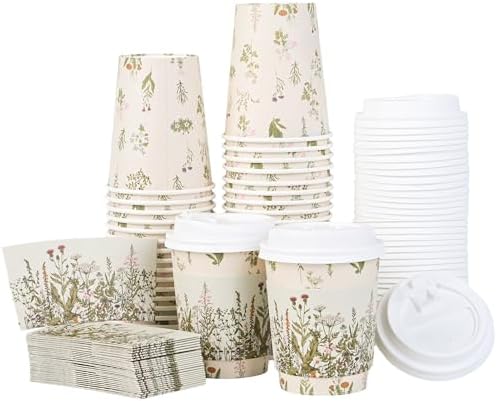 AimFun 50 Piezas de Vasos Desechables de Café Florales con Tapa y Mangas, Botánicos Vintage de 8oz para Fiestas, Bodas y Baby Shower - imagen 8