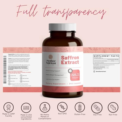 Suplementos de Extracto de Azafrán Mother Nutrient para Hombres y Mujeres, 240 Cápsulas Veganas de 88.5mg - No GMO, 7 Meses de Suministro - imagen 4