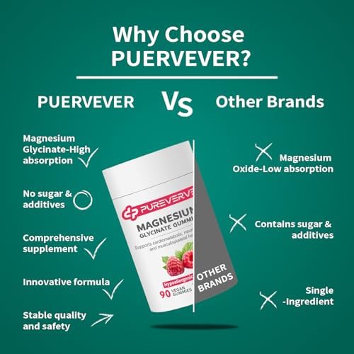 Gomitas de Magnesio Glicinato Pureverve 300mg - 90 Unidades, Fórmula Baja en Alergias, Apoya la Salud Cardiovascular, Función Cognitiva y Fuerza - imagen 8