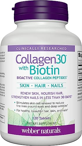 Colágeno Webber Naturals 30 con Biotina, 2,500 mg de Péptidos de Colágeno Bioactivos y 5,000 mcg de Biotina por Porción, 120 Tabletas, Libre de - imagen 3
