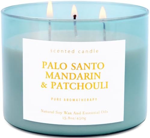Vela Aromática de Soya Palo Santo, Mandarina y Pachulí de 3 Mechas | 15.8 oz | Vela Calmante para el Hogar | Aroma Cítrico y Amaderado | Regalo para - imagen 1