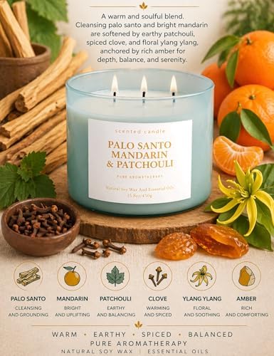 Vela Aromática de Soya Palo Santo, Mandarina y Pachulí de 3 Mechas | 15.8 oz | Vela Calmante para el Hogar | Aroma Cítrico y Amaderado | Regalo para - imagen 2