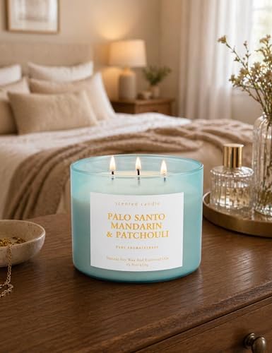 Vela Aromática de Soya Palo Santo, Mandarina y Pachulí de 3 Mechas | 15.8 oz | Vela Calmante para el Hogar | Aroma Cítrico y Amaderado | Regalo para - imagen 4