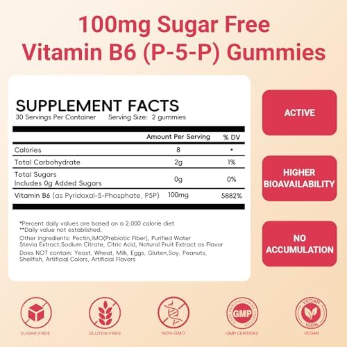 Gomitas Herbovella de Vitamina B6 100mg, Suplemento P5P para Energía y Sistema Nervioso, Sin Azúcar, Veganas, 60 Gomitas Líquidas. - imagen 2
