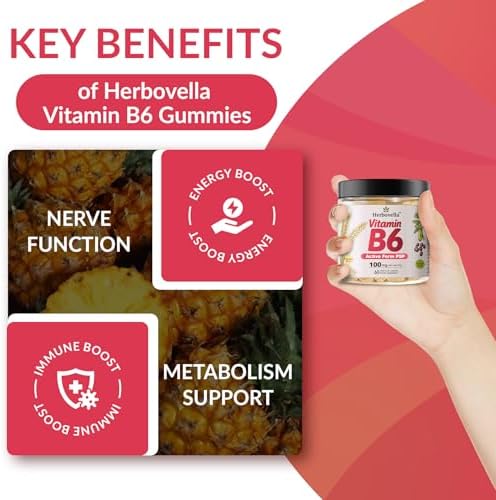 Gomitas Herbovella de Vitamina B6 100mg, Suplemento P5P para Energía y Sistema Nervioso, Sin Azúcar, Veganas, 60 Gomitas Líquidas. - imagen 3