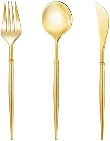 N9R 90 Piezas de Cubiertos Desechables Dorados, Incluye 30 Cuchillos, 30 Tenedores y 30 Cucharas para Fiestas, Cumpleaños y Bodas - imagen 1