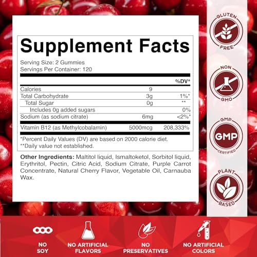 Gomitas Vitamatic de Vitamina B12 Extra Fuerte 5000 mcg (Methyl B12) - 240 piezas, sabor natural a cereza - imagen 2