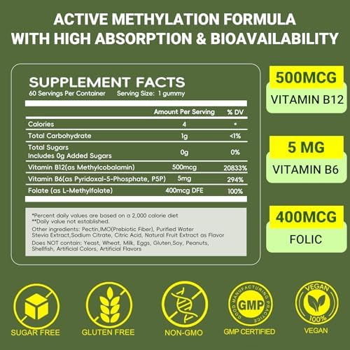 Gomitas Vigorintha de Vitamina B6, B12 y Folato Metilado, Suplemento Vegano Sin Azúcar para Energía, Cerebro y Nervios, 60 Gomitas. - imagen 2