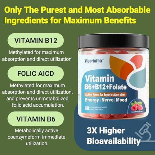 Gomitas Vigorintha de Vitamina B6, B12 y Folato Metilado, Suplemento Vegano Sin Azúcar para Energía, Cerebro y Nervios, 60 Gomitas. - imagen 4