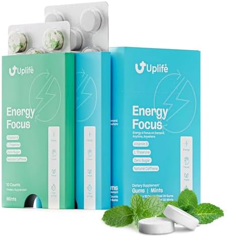 Goma y Mentas Energéticas UPLIFE 60 Piezas (30 Cada Una) – Hecho en EE. UU. – 40mg Cafeína Natural + 80mg L-Teanina + Niacina Vitaminas B3 y B12 – - imagen 1