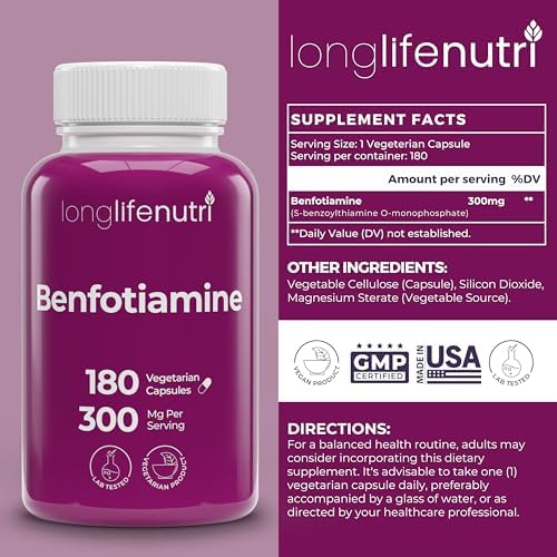 LongLifeNutri Benfotiamina 300mg – 180 Cápsulas Vegetarianas, Suplemento de Tiamina B1 Soluble en Grasa para Energía y Bienestar, Hecho en EE. UU. - imagen 2