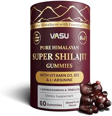 Gomitas Vasu 6 en 1 de Shilajit Puro Himalayo para Hombres y Mujeres con Vitamina D3, B12, L-Arginina, Ashwagandha y Tribulus - Sin Azúcar - 60 - imagen 1