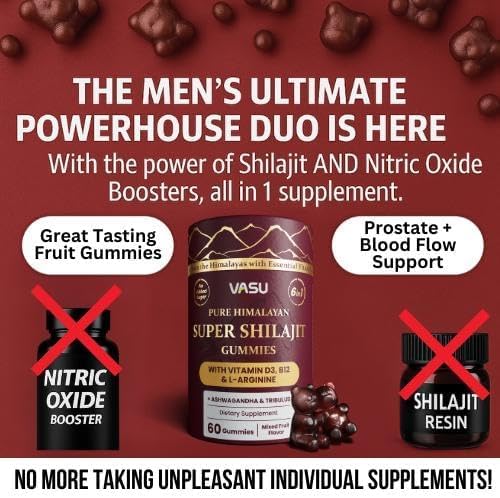 Gomitas Vasu 6 en 1 de Shilajit Puro Himalayo para Hombres y Mujeres con Vitamina D3, B12, L-Arginina, Ashwagandha y Tribulus - Sin Azúcar - 60 - imagen 3