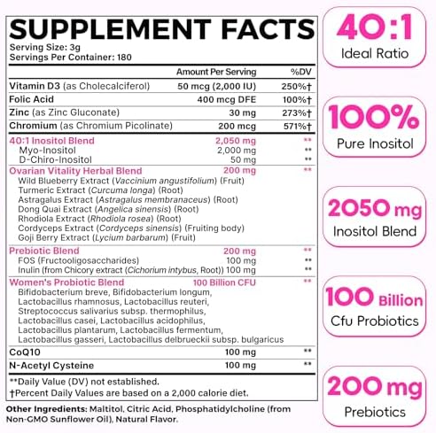 Polvo de Myo-Inositol y D-Chiro Inositol Liposomal | Suministro para 180 Días | Suplemento Ideal 40:1 para Mujeres, Probióticos y Hierbas | - imagen 2