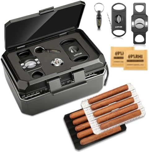 Caja Humidor de Viaje LIHTUN y Set de Accesorios para Puros, Estuche Portátil con 2 Cortadores, 1 Perforador, Higrómetro, Regalo de Caja Humidor - imagen 1
