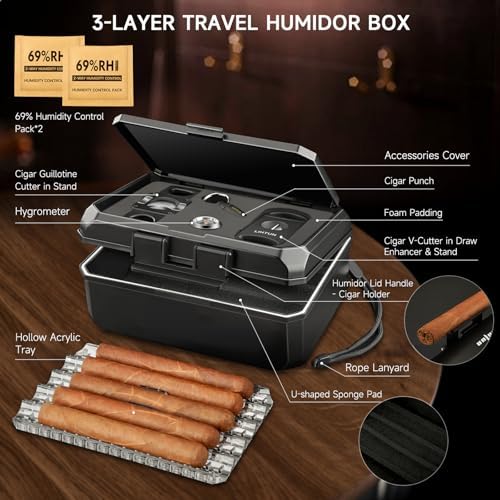 Caja Humidor de Viaje LIHTUN y Set de Accesorios para Puros, Estuche Portátil con 2 Cortadores, 1 Perforador, Higrómetro, Regalo de Caja Humidor - imagen 2