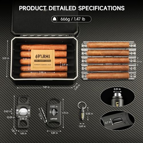 Caja Humidor de Viaje LIHTUN y Set de Accesorios para Puros, Estuche Portátil con 2 Cortadores, 1 Perforador, Higrómetro, Regalo de Caja Humidor - imagen 3